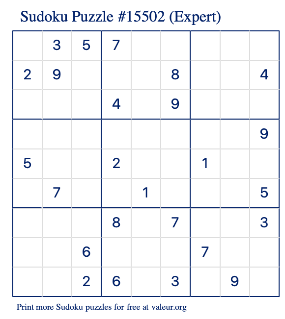 Free Printable Expert Sudoku Puzzle number 15502