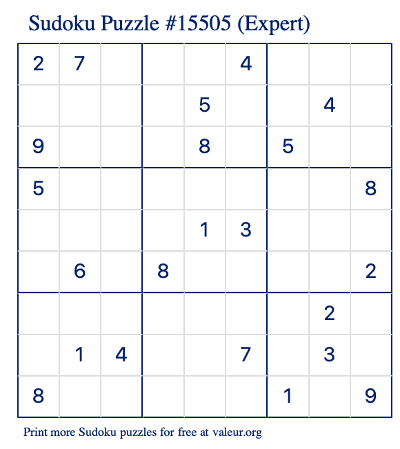 Free Printable Expert Sudoku Puzzle number 15505