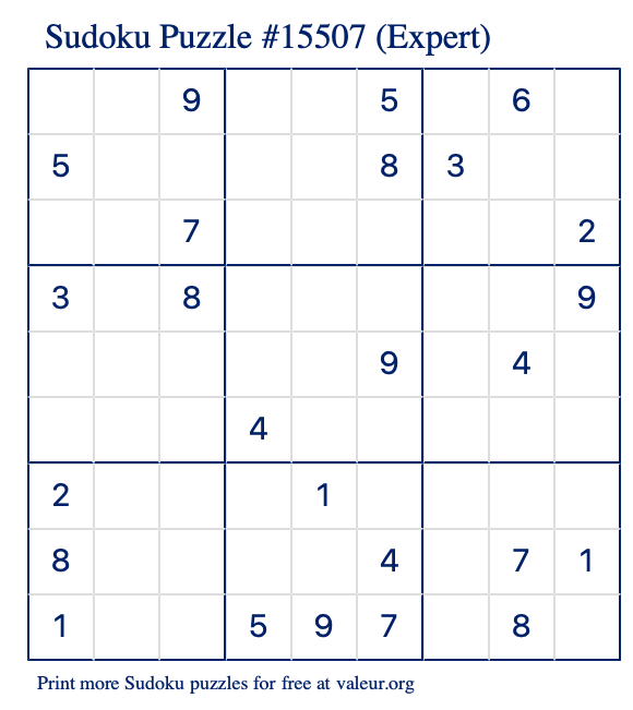 Free Printable Expert Sudoku Puzzle number 15507