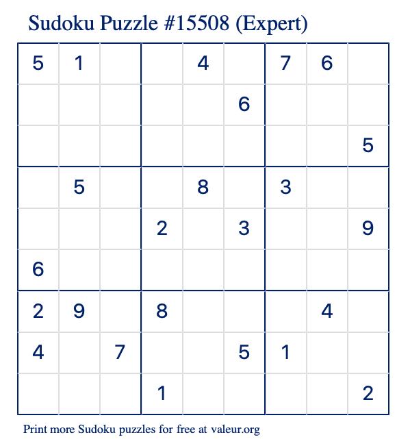 Free Printable Expert Sudoku Puzzle number 15508