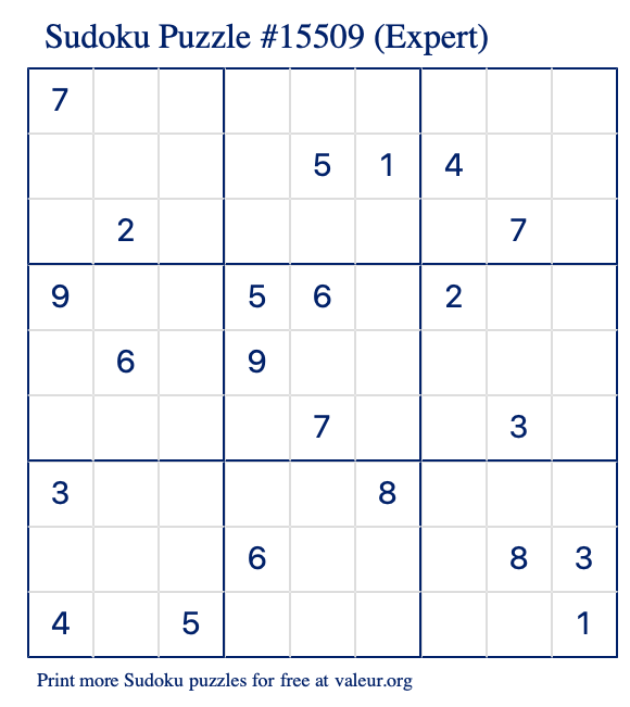 Free Printable Expert Sudoku Puzzle number 15509