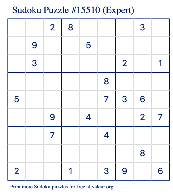 Free Printable Expert Sudoku Puzzle number 15510