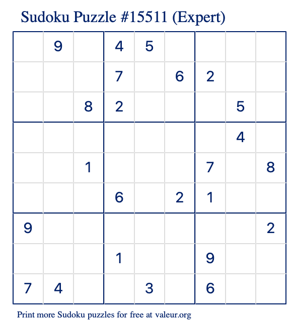 Free Printable Expert Sudoku Puzzle number 15511