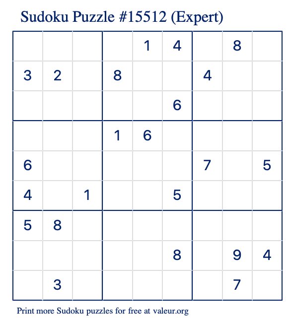 Free Printable Expert Sudoku Puzzle number 15512