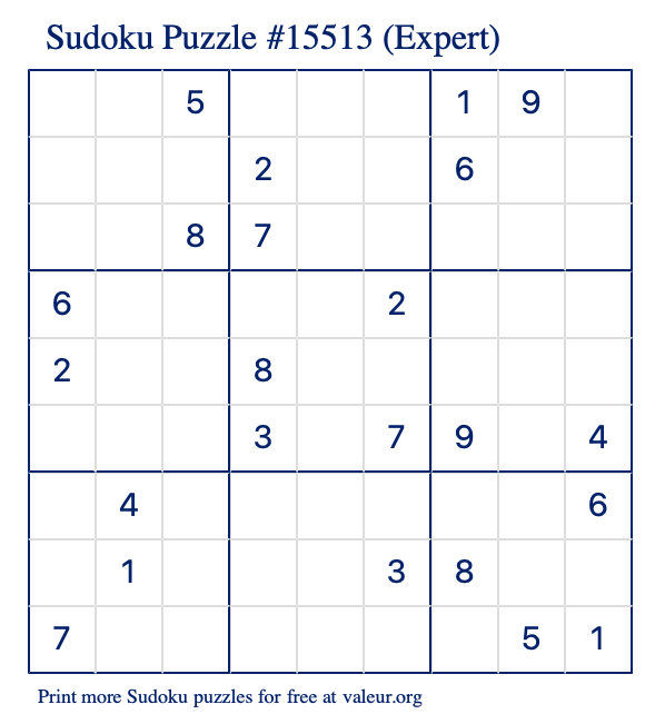 Free Printable Expert Sudoku Puzzle number 15513