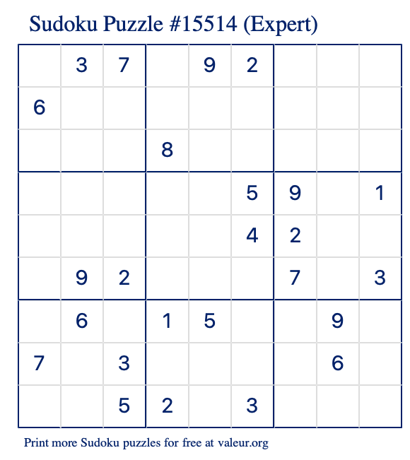 Free Printable Expert Sudoku Puzzle number 15514