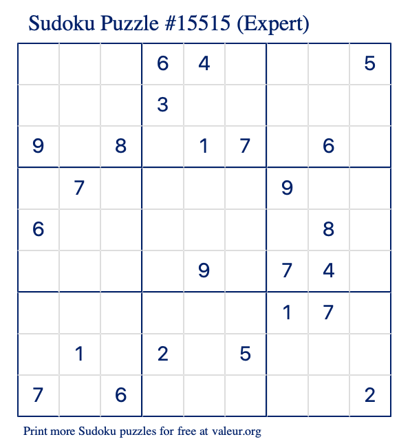 Free Printable Expert Sudoku Puzzle number 15515