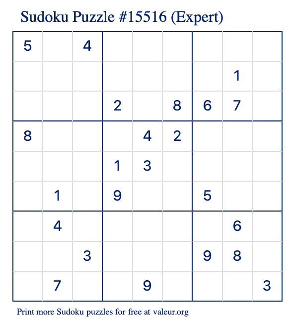 Free Printable Expert Sudoku Puzzle number 15516