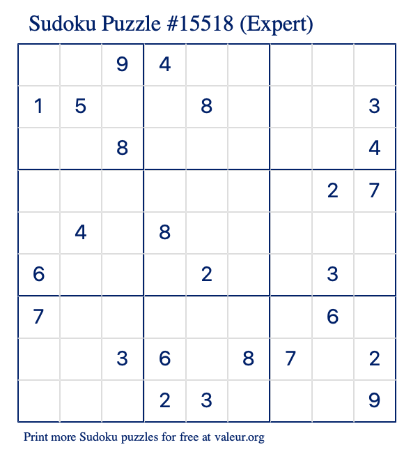 Free Printable Expert Sudoku Puzzle number 15518