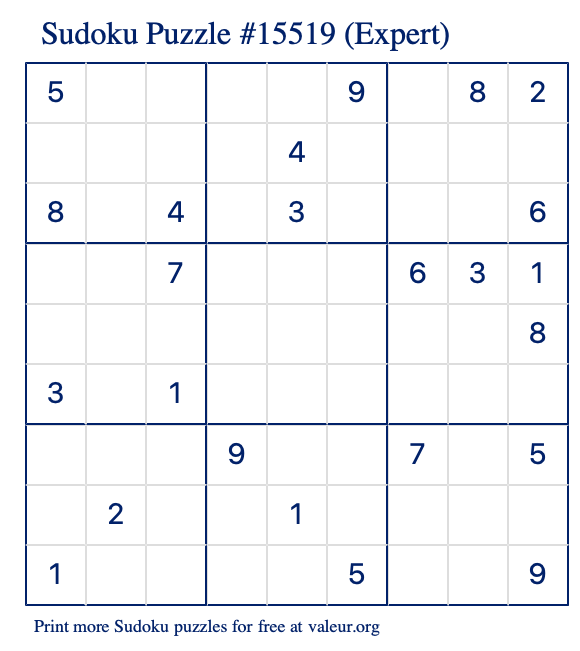 Free Printable Expert Sudoku Puzzle number 15519