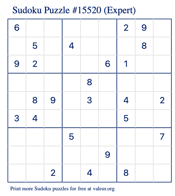 Free Printable Expert Sudoku Puzzle number 15520