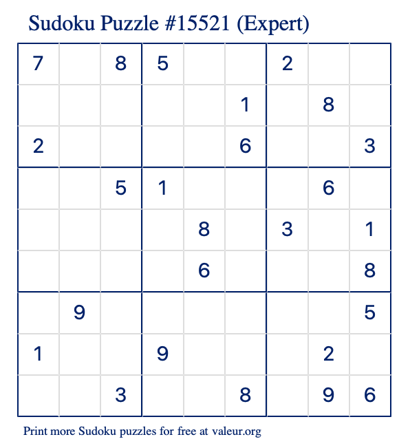 Free Printable Expert Sudoku Puzzle number 15521