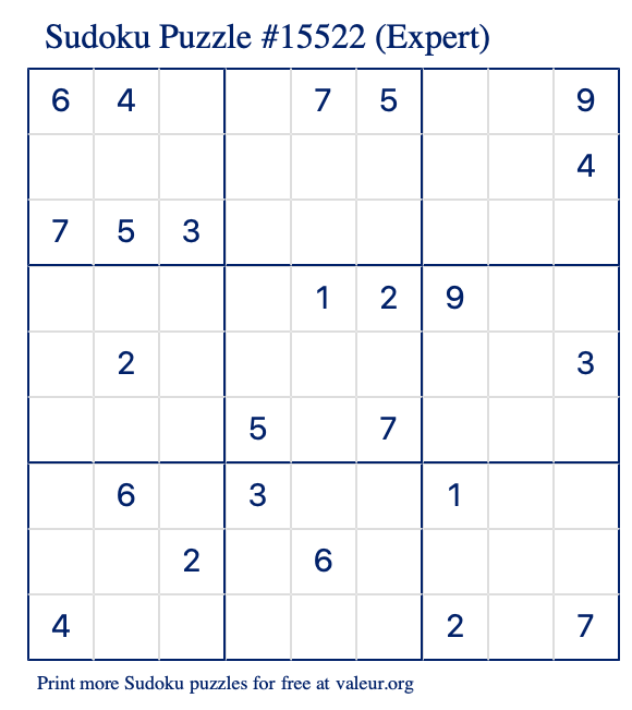 Free Printable Expert Sudoku Puzzle number 15522