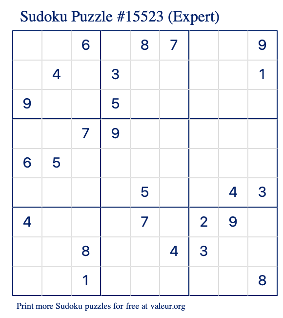 Free Printable Expert Sudoku Puzzle number 15523