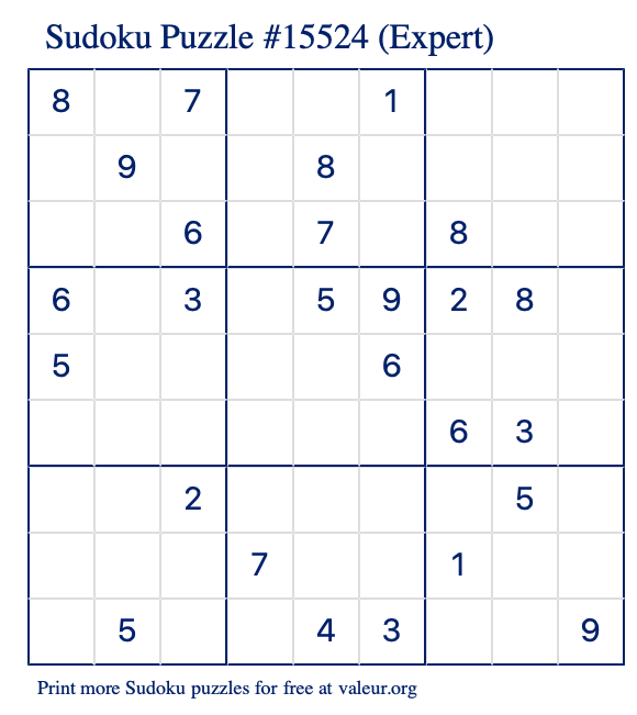 Free Printable Expert Sudoku Puzzle number 15524