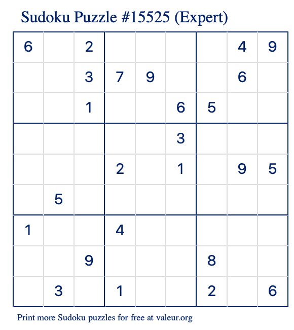 Free Printable Expert Sudoku Puzzle number 15525