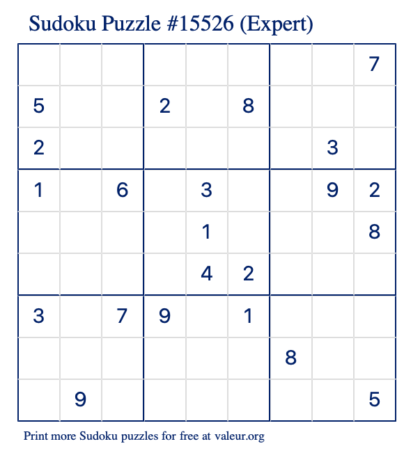 Free Printable Expert Sudoku Puzzle number 15526