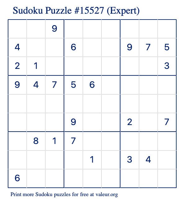 Free Printable Expert Sudoku Puzzle number 15527