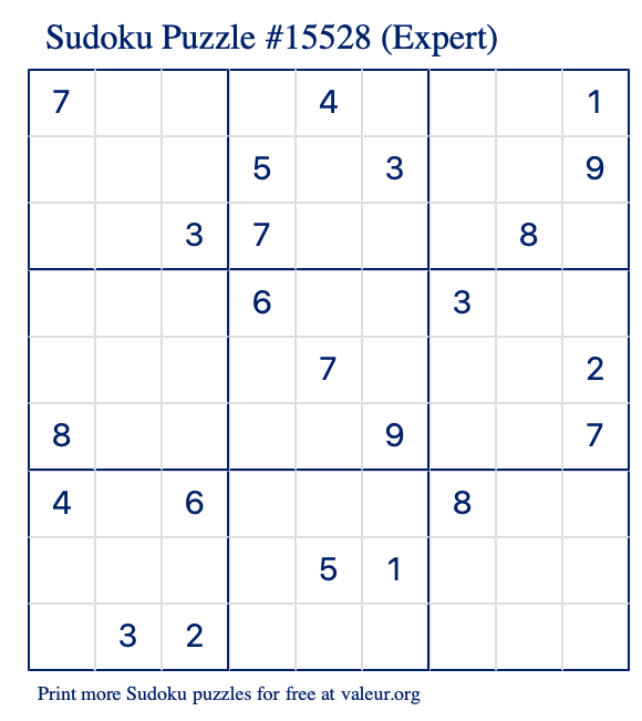 Free Printable Expert Sudoku Puzzle number 15528