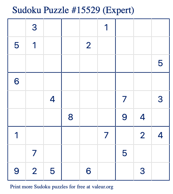 Free Printable Expert Sudoku Puzzle number 15529