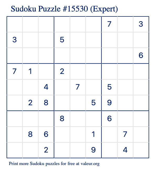 Free Printable Expert Sudoku Puzzle number 15530