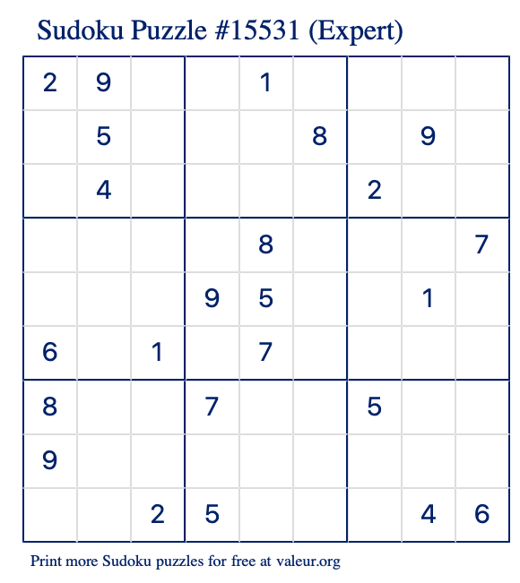 Free Printable Expert Sudoku Puzzle number 15531