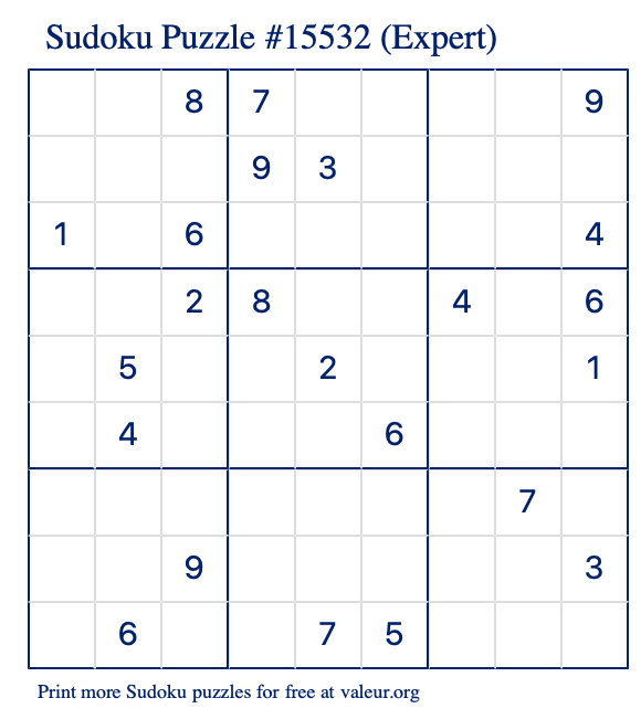 Free Printable Expert Sudoku Puzzle number 15532