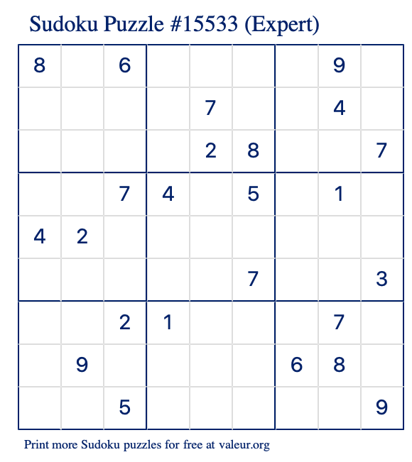 Free Printable Expert Sudoku Puzzle number 15533