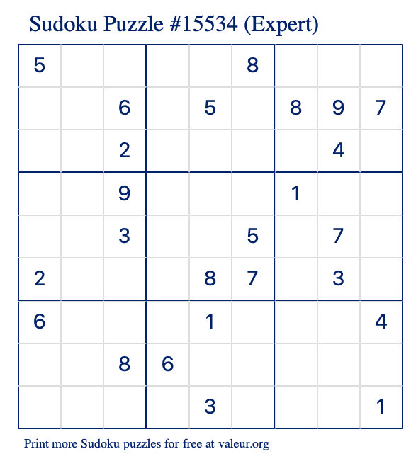 Free Printable Expert Sudoku Puzzle number 15534