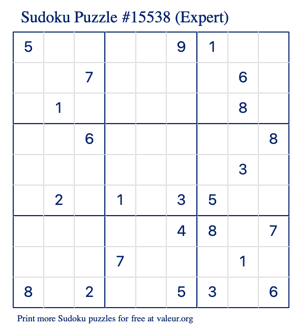 Free Printable Expert Sudoku Puzzle number 15538