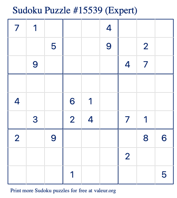 Free Printable Expert Sudoku Puzzle number 15539