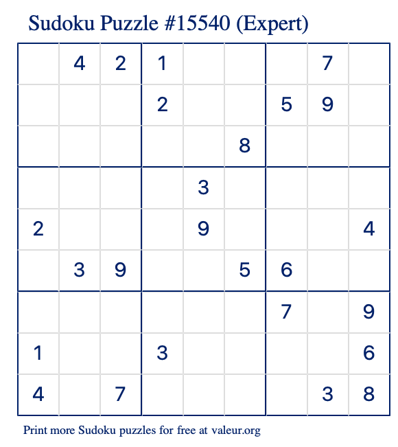 Free Printable Expert Sudoku Puzzle number 15540