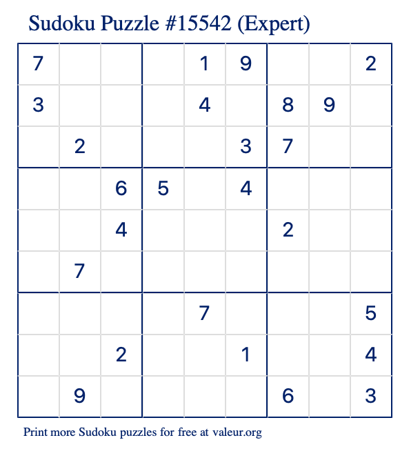 Free Printable Expert Sudoku Puzzle number 15542