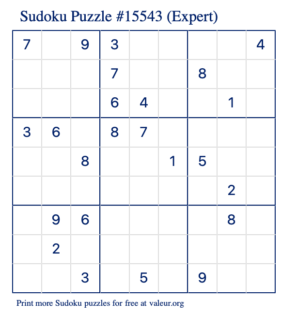 Free Printable Expert Sudoku Puzzle number 15543