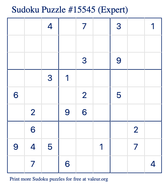 Free Printable Expert Sudoku Puzzle number 15545