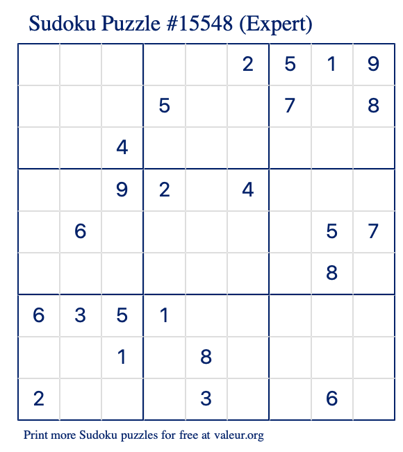 Free Printable Expert Sudoku Puzzle number 15548