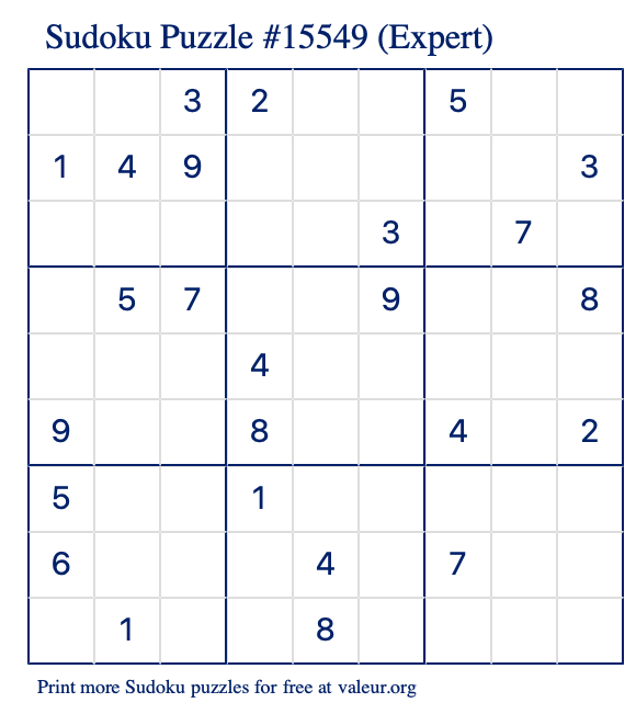 Free Printable Expert Sudoku Puzzle number 15549