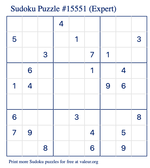 Free Printable Expert Sudoku Puzzle number 15551