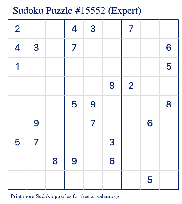 Free Printable Expert Sudoku Puzzle number 15552