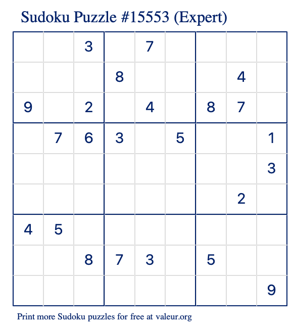 Free Printable Expert Sudoku Puzzle number 15553