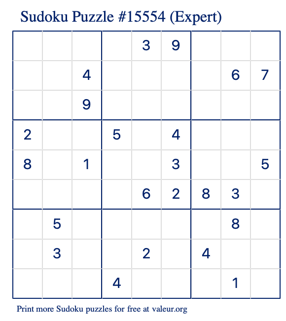 Free Printable Expert Sudoku Puzzle number 15554