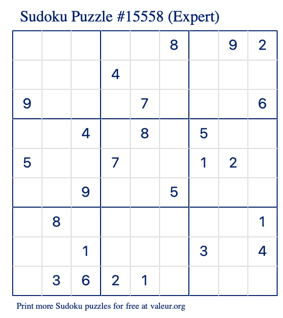 Free Printable Expert Sudoku Puzzle number 15558