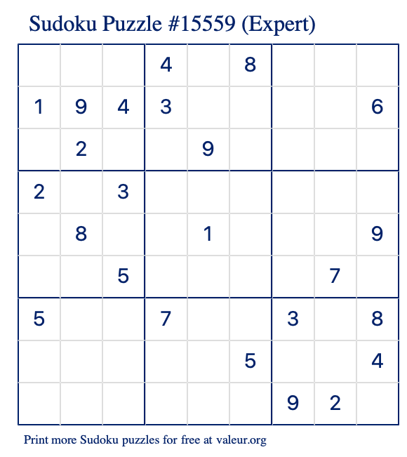 Free Printable Expert Sudoku Puzzle number 15559