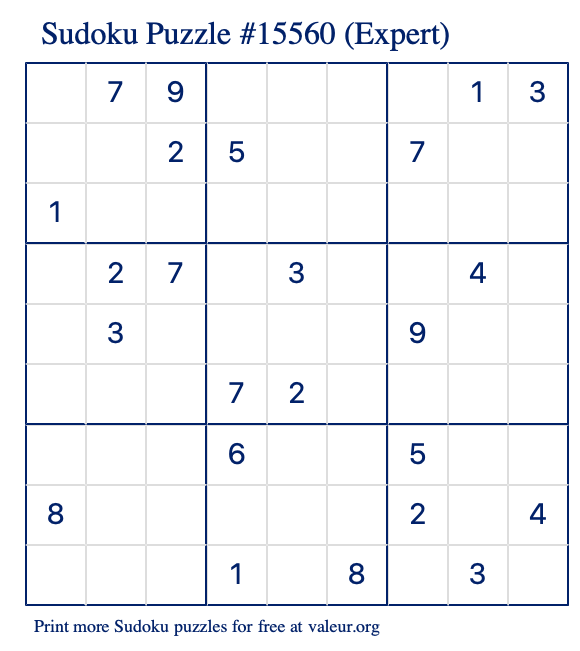 Free Printable Expert Sudoku Puzzle number 15560