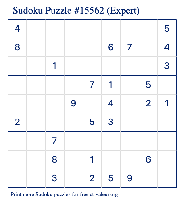 Free Printable Expert Sudoku Puzzle number 15562