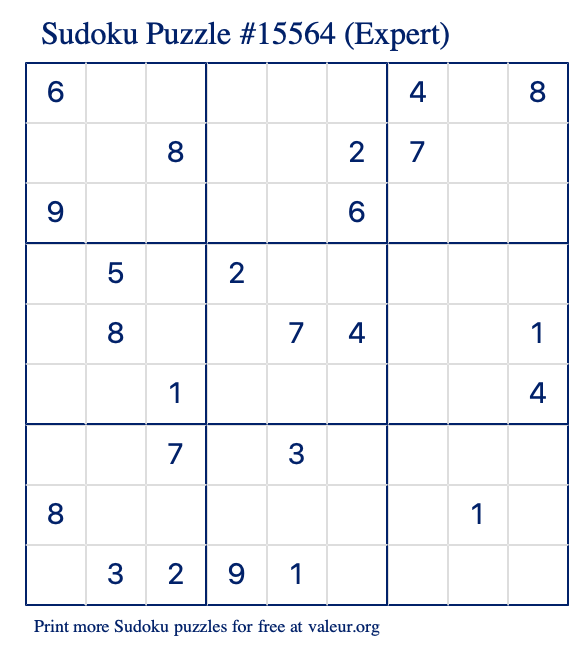 Free Printable Expert Sudoku Puzzle number 15564