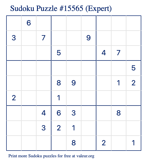 Free Printable Expert Sudoku Puzzle number 15565