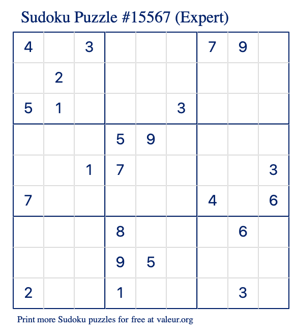 Free Printable Expert Sudoku Puzzle number 15567