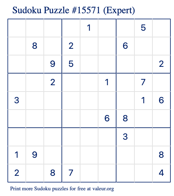 Free Printable Expert Sudoku Puzzle number 15571