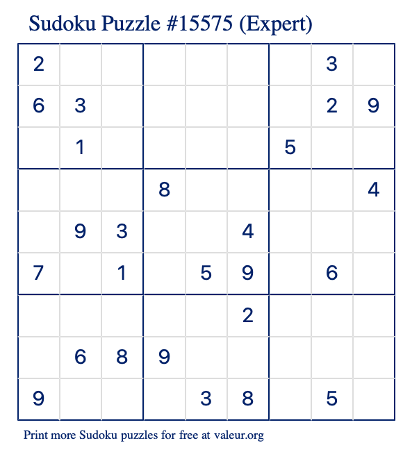 Free Printable Expert Sudoku Puzzle number 15575